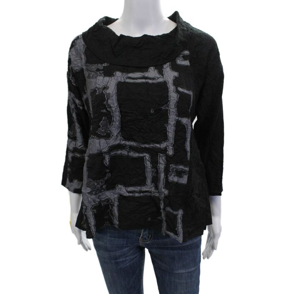 Sydney Women Tunic Blouse Black Geometric Mock Neck 3/4 Sleeve Size XS
